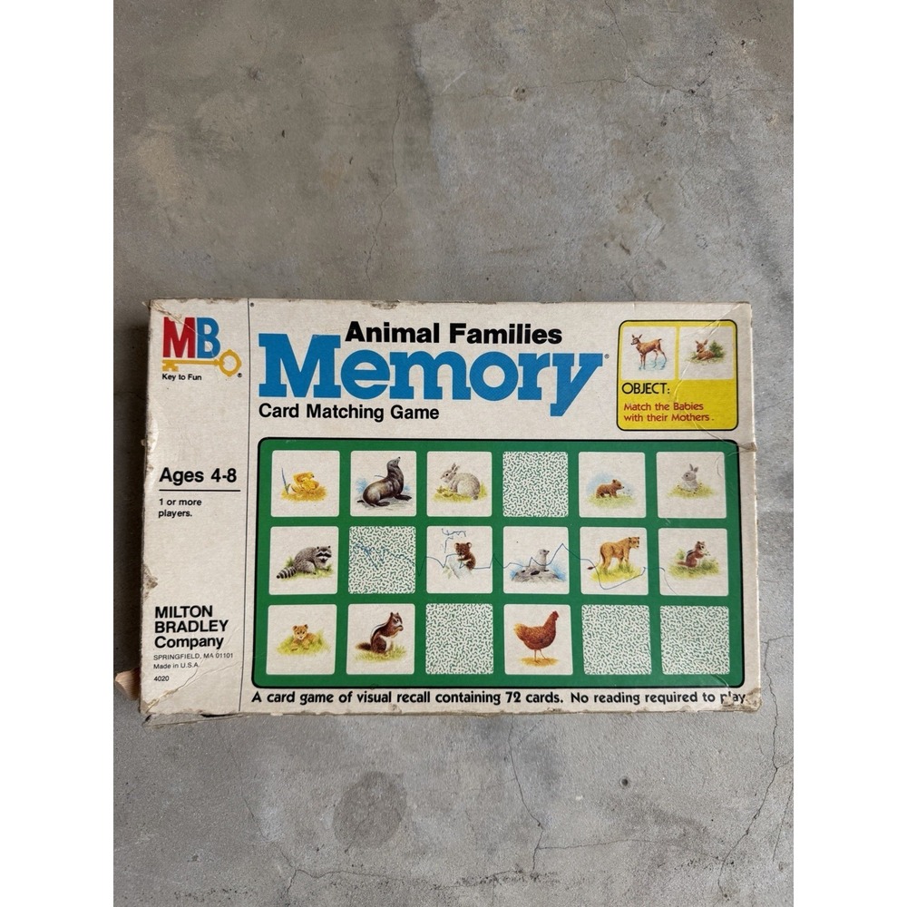 VTG 1980 MILTON BRADLEY ANIMAL FAMILIES MEMORY MATCHING GAME COMPLETE USA